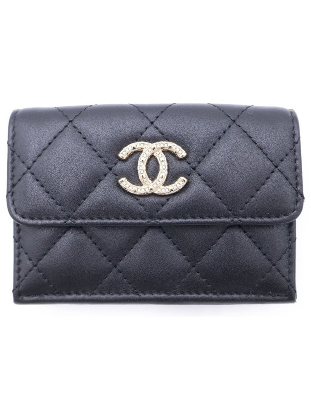 Chanel CC Logo Rhinestone Trifold Wallet Compact Coin Case Black Lambskin Gold
